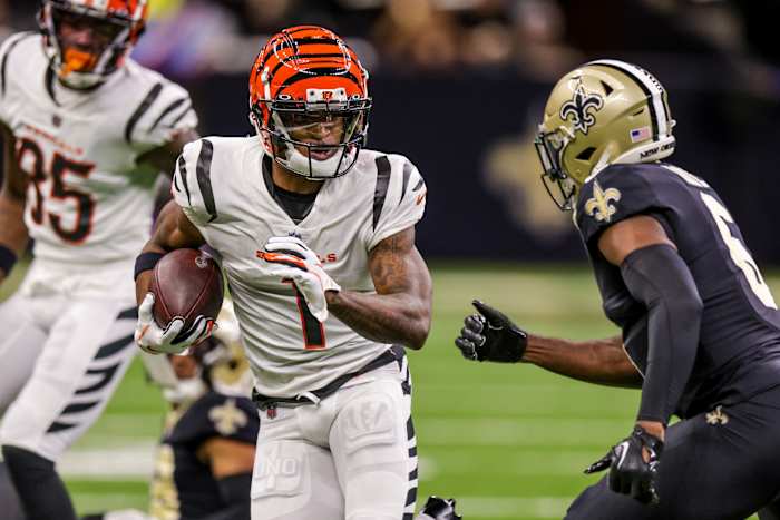 Oct 16, 2022; New Orleans, Louisiana, USA; Cincinnati Bengals wide receiver Ja'Marr Chase (1) rushes against New Orleans Saints safety Marcus Maye (6) during the first half at Caesars Superdome. Mandatory Credit: Stephen Lew-USA TODAY Sports